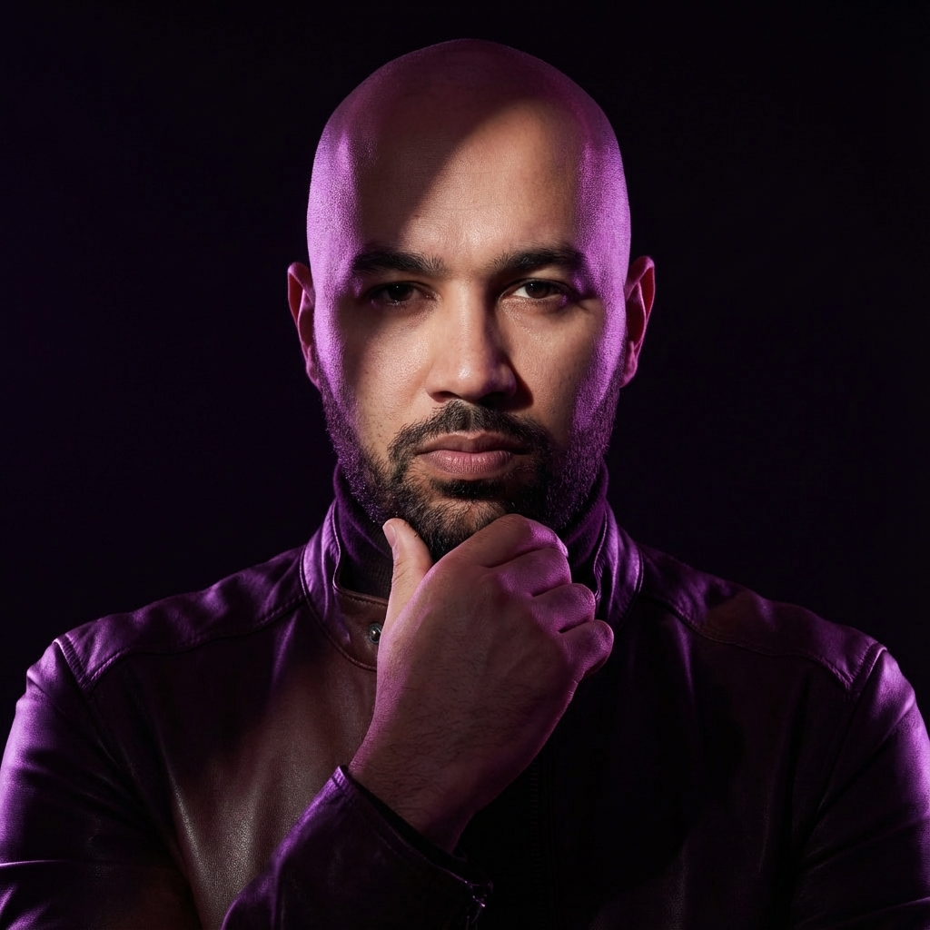 Turako in a leather jacket, resting his hand on his chin under purple lighting.