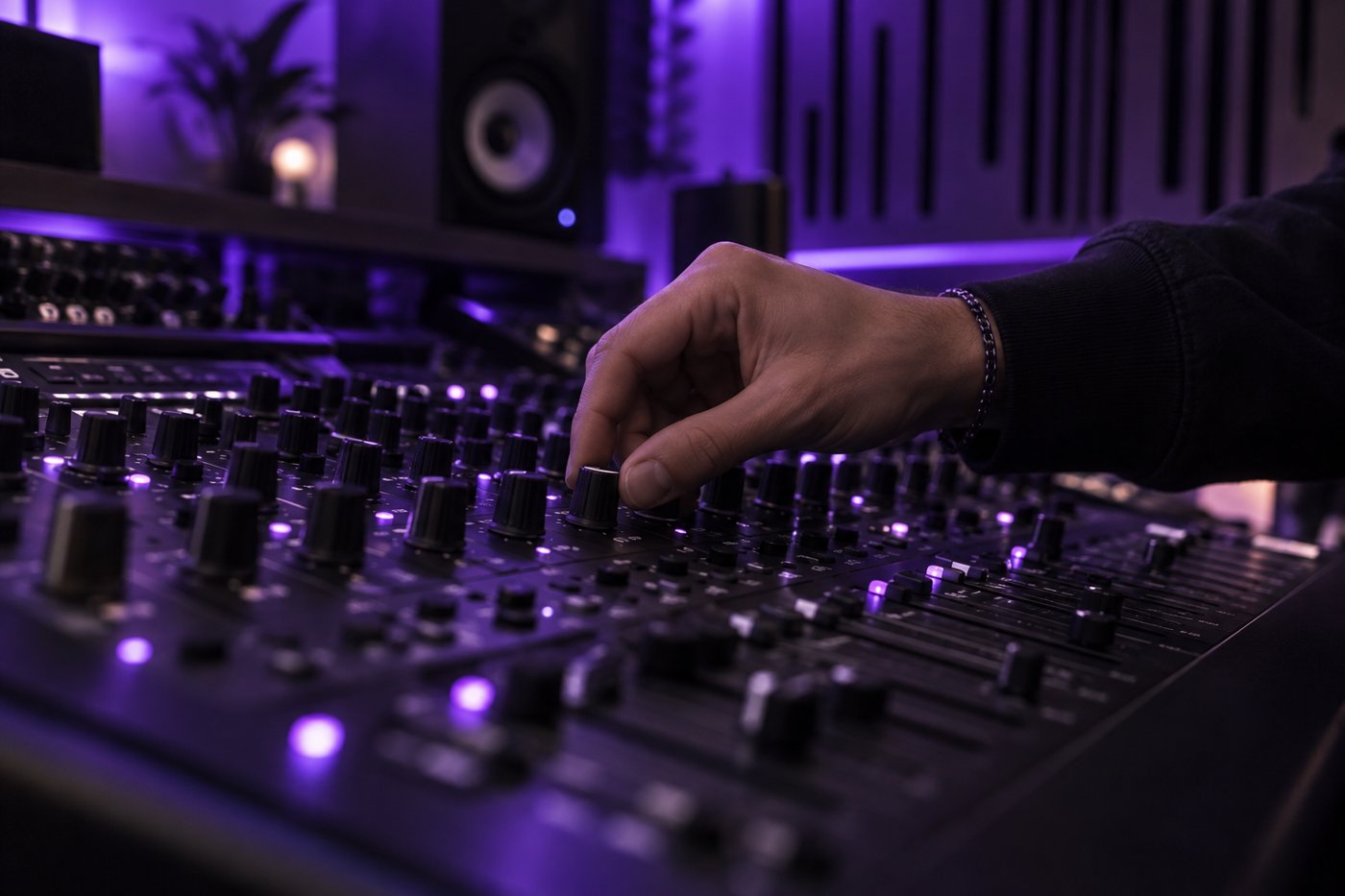 Music producer working at a purple-lit studio mixing console